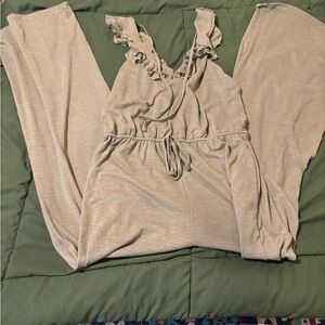 Main Strip Ruffle Strap Jumpsuit in Light Taupe